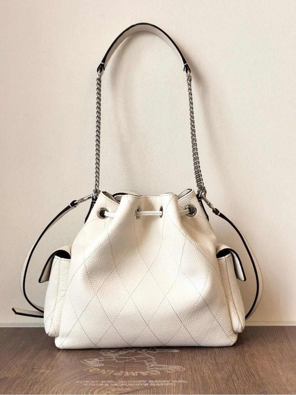 Classic Cream Drawstring Leather Bucket Bag